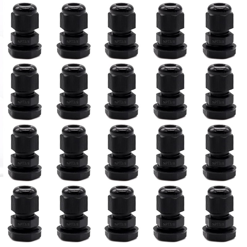 Tnuocke 20 Pcs Nylon Cable Glands 3/8"" Npt,Waterproof Adjustable Diameter 3-8Mm Cable Connectors,Plastic Cable Gland Joints With Gaskets 3/8 Npt-Bk - Image 1